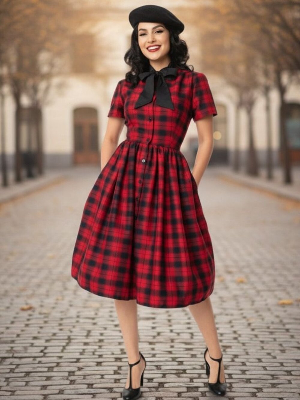 Unique Vintage Fit & Flare Midi Dress Plaid Cora Button Down Swing Tie Bow NWT